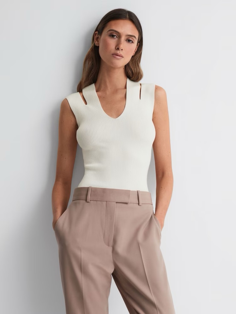 Reiss Off-White Ribbed Cutout-Strap Tank